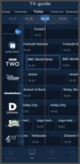 Animated demo of swipe gesture navigating the EPG timeline